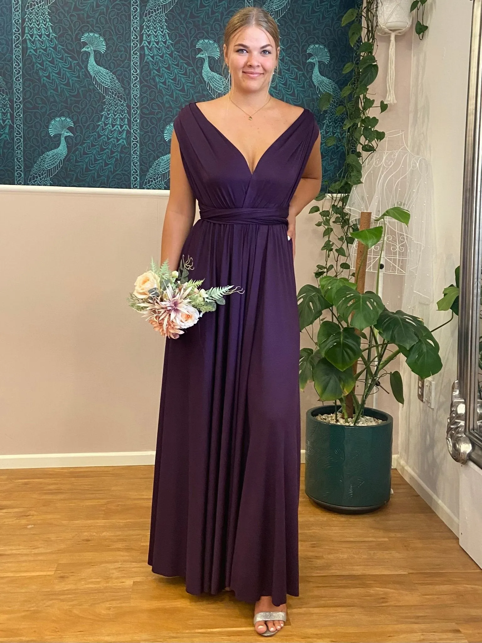 Grape Purple convertible Infinity bridesmaid dress with split Express NZ wide