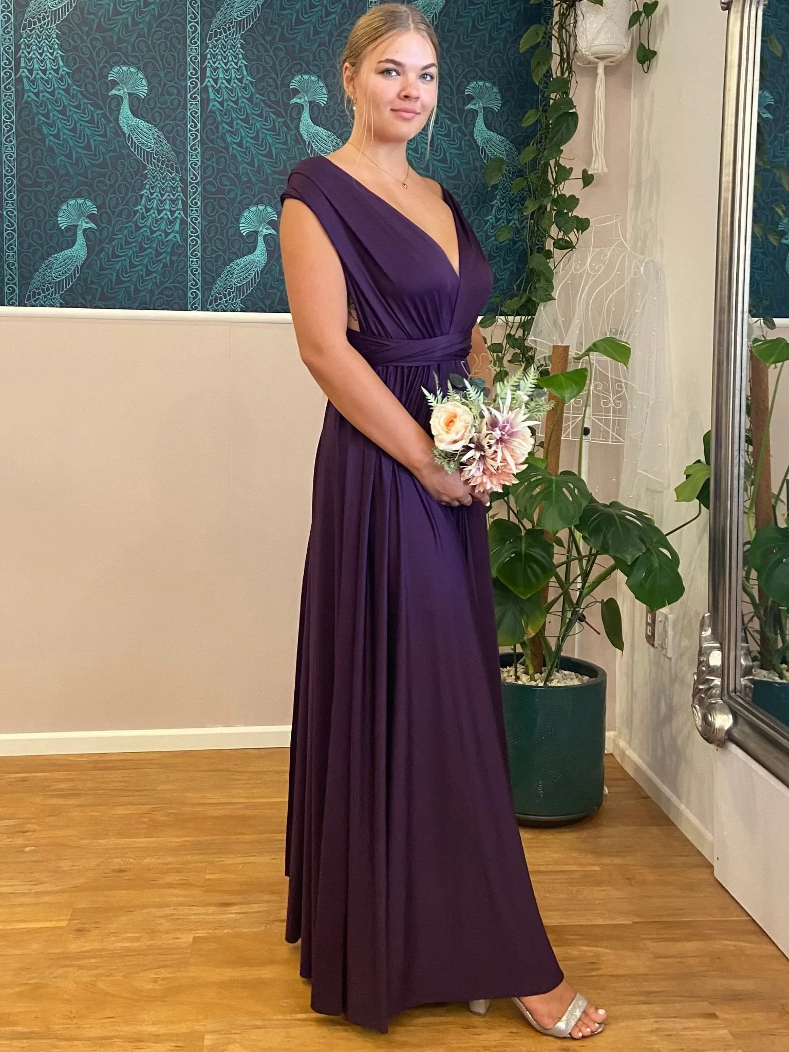 Grape Purple convertible Infinity bridesmaid dress with split Express NZ wide