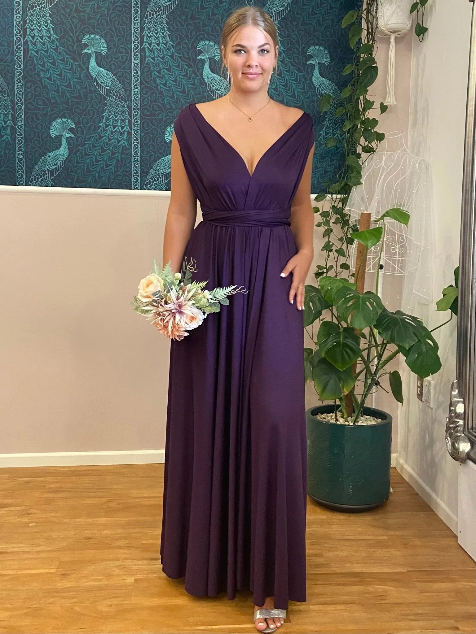 Grape Purple convertible Infinity bridesmaid dress with split Express NZ wide