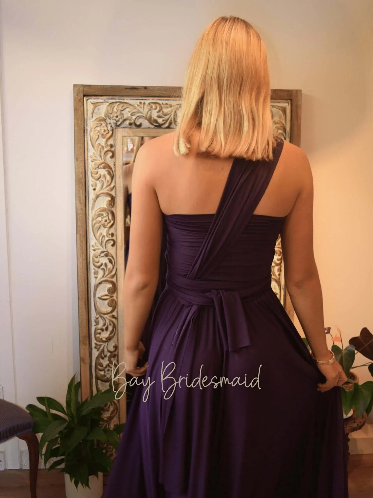 Grape Purple convertible Infinity bridesmaid dress with split Express NZ wide