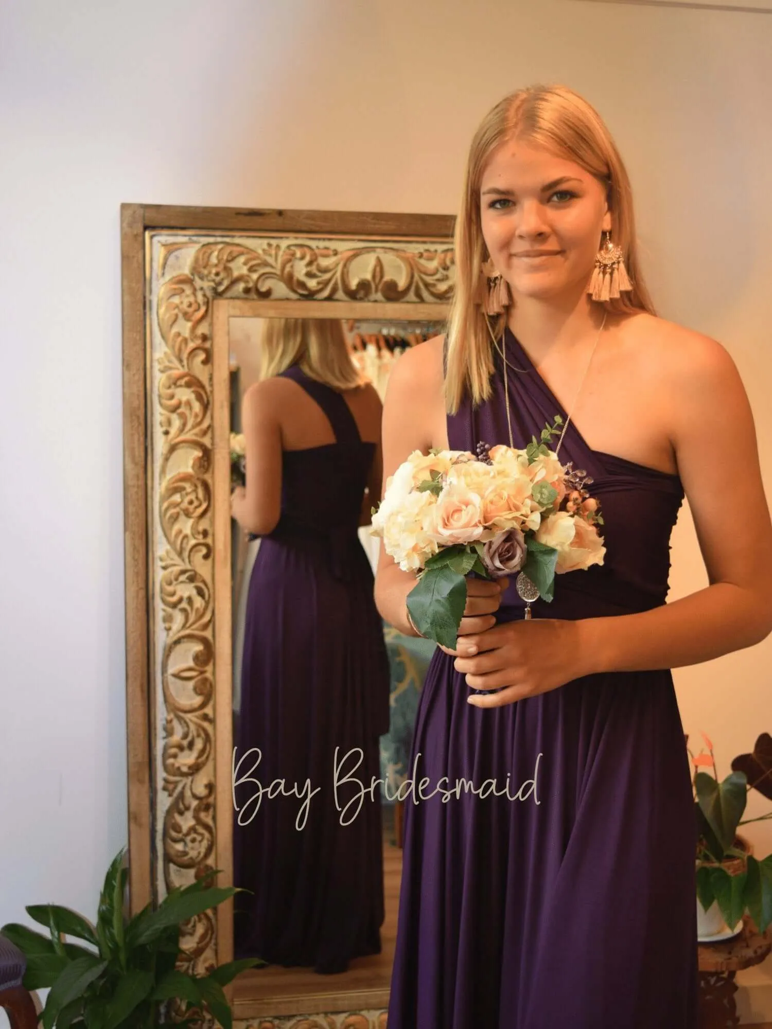 Grape Purple convertible Infinity bridesmaid dress with split Express NZ wide