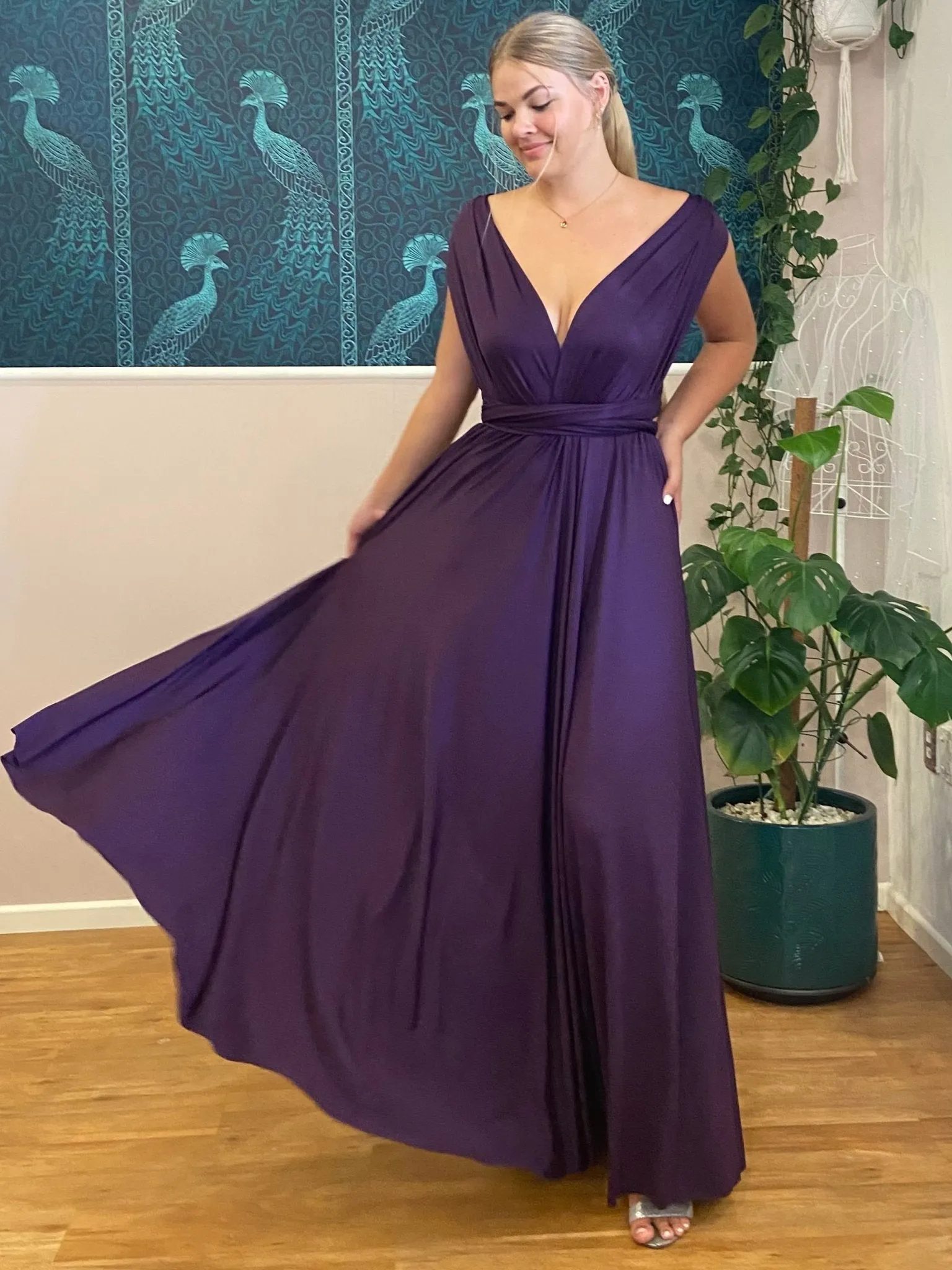 Grape Purple convertible Infinity bridesmaid dress with split Express NZ wide