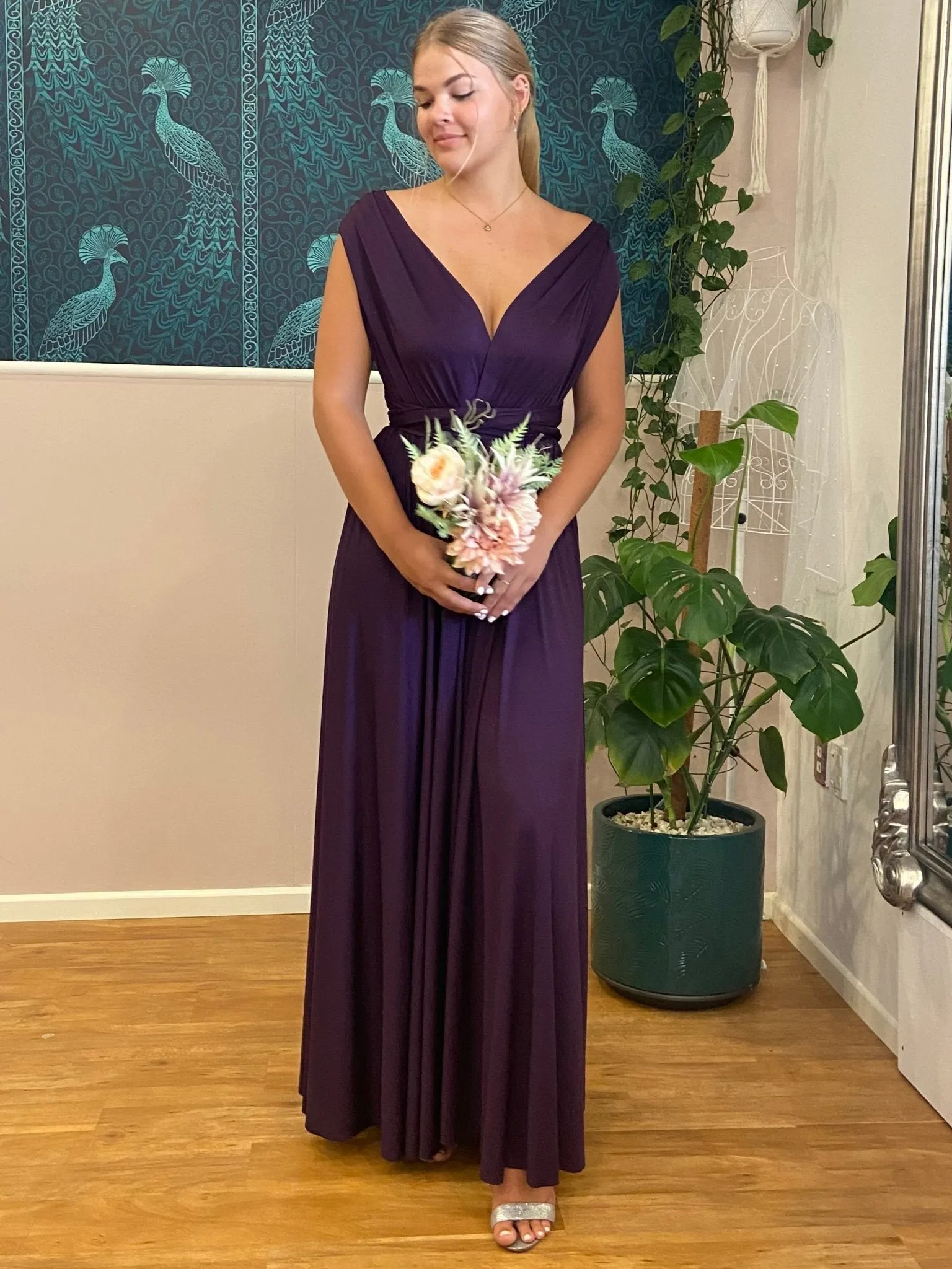 Grape Purple convertible Infinity bridesmaid dress with split Express NZ wide
