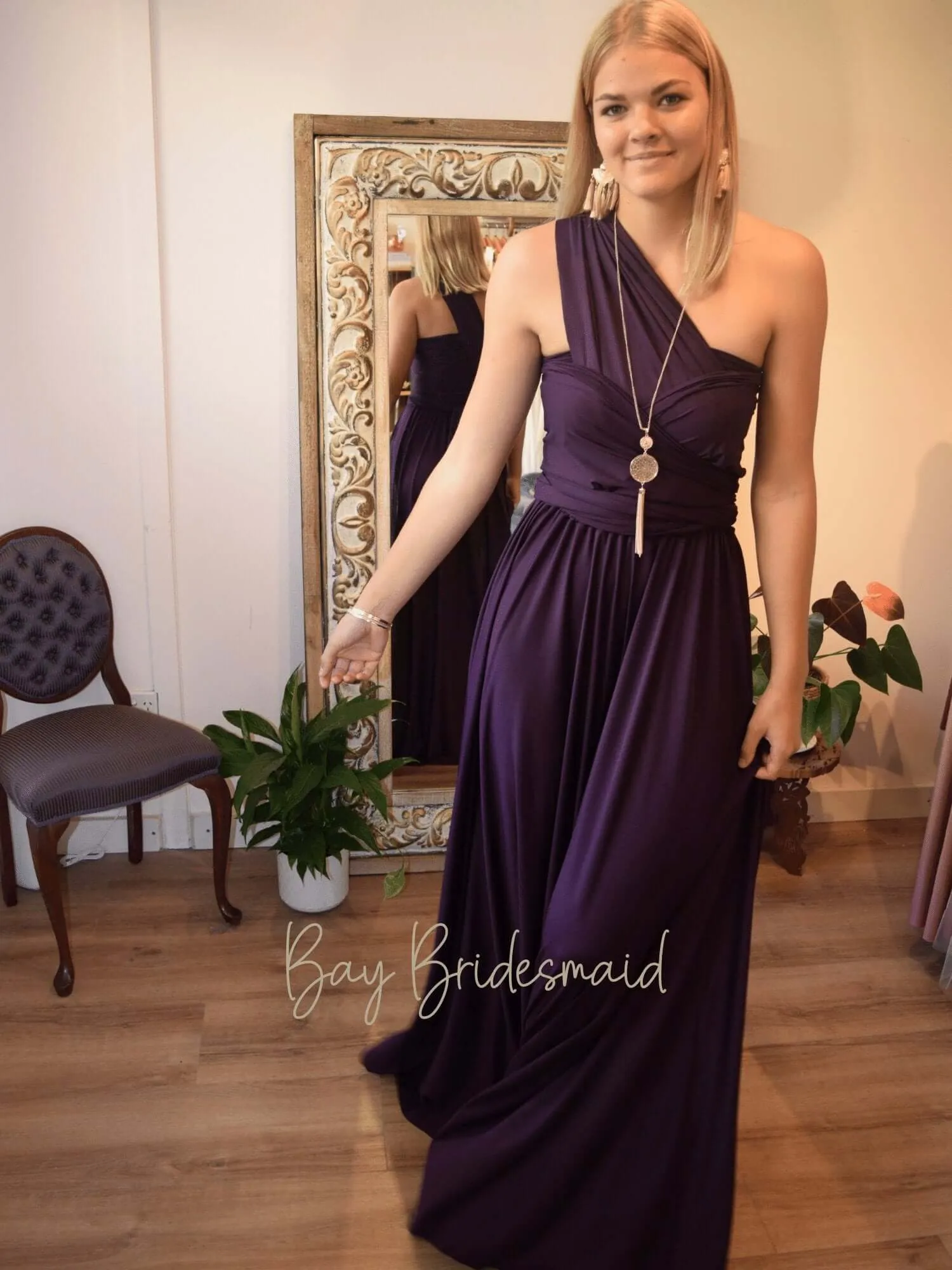 Grape Purple convertible Infinity bridesmaid dress with split Express NZ wide