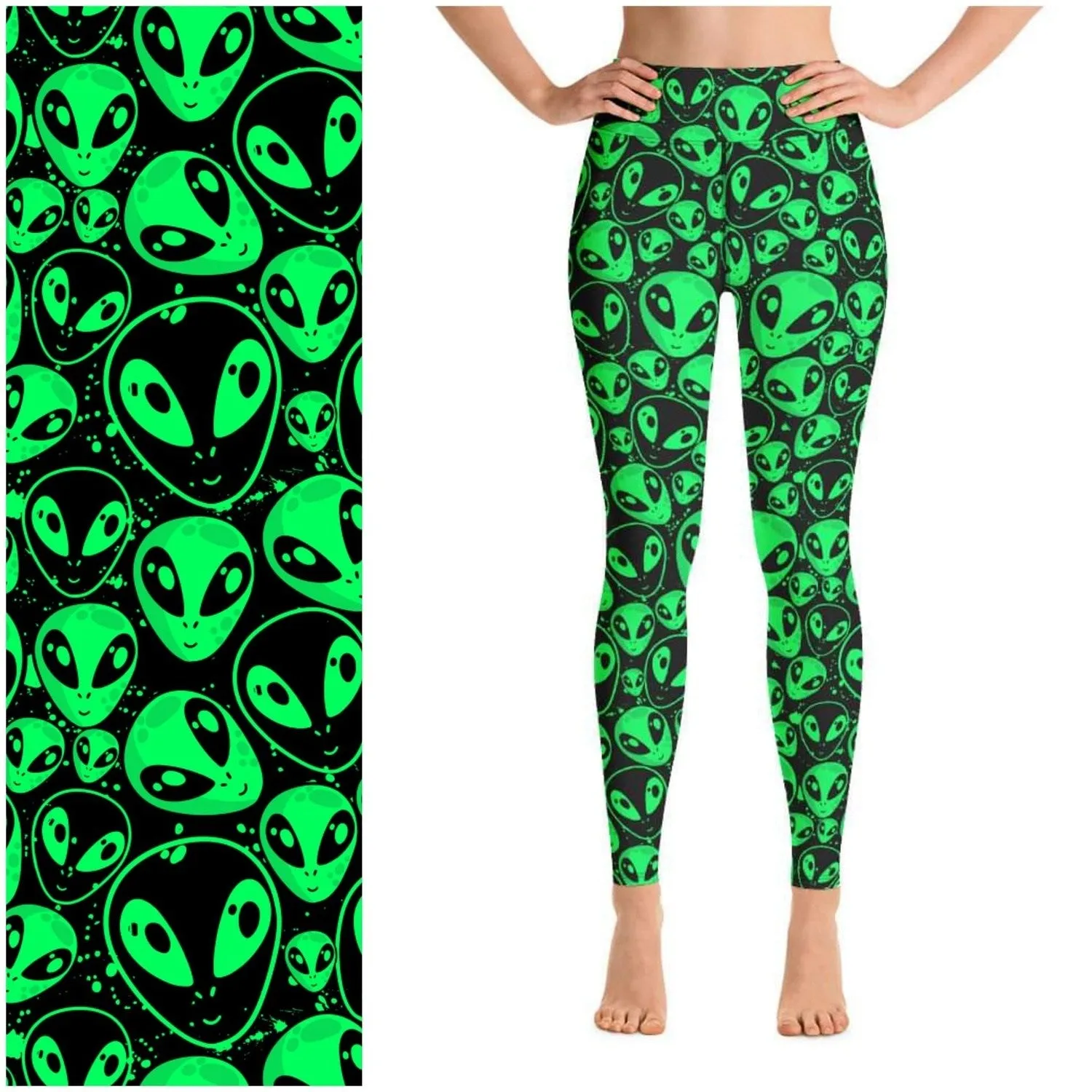 Green Aliens Leggings on Black Background Full Length NO Pockets