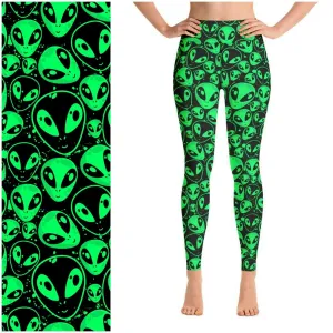 Green Aliens Leggings on Black Background Full Length NO Pockets