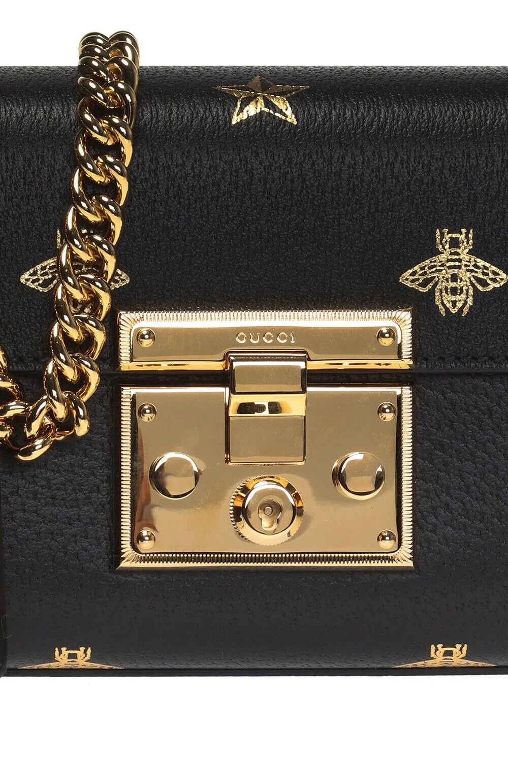 Gucci Black Bee Gold Star Padlock Italy Top Handle Small Leather Handbag Bag New