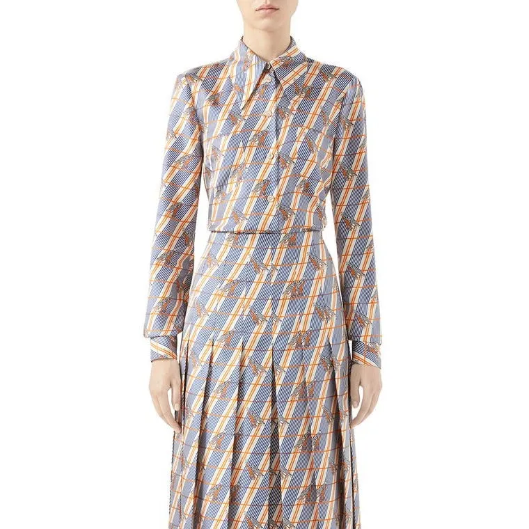 Gucci Giraffe Heritage Silk Twill Blouse in White