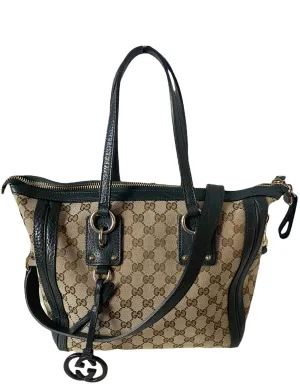 Gucci Monogram & Green Leather Medium Charm Tote Bag