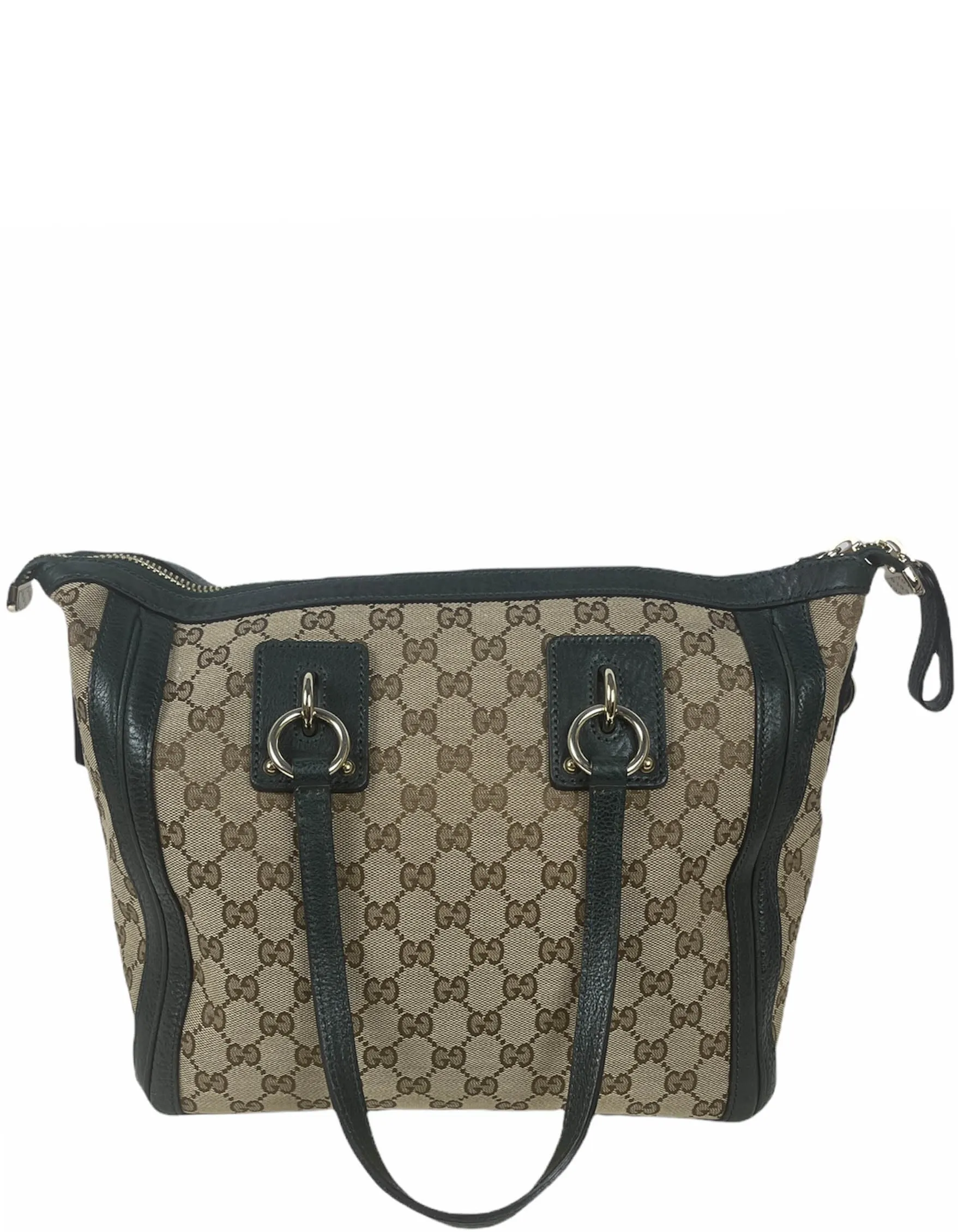 Gucci Monogram & Green Leather Medium Charm Tote Bag
