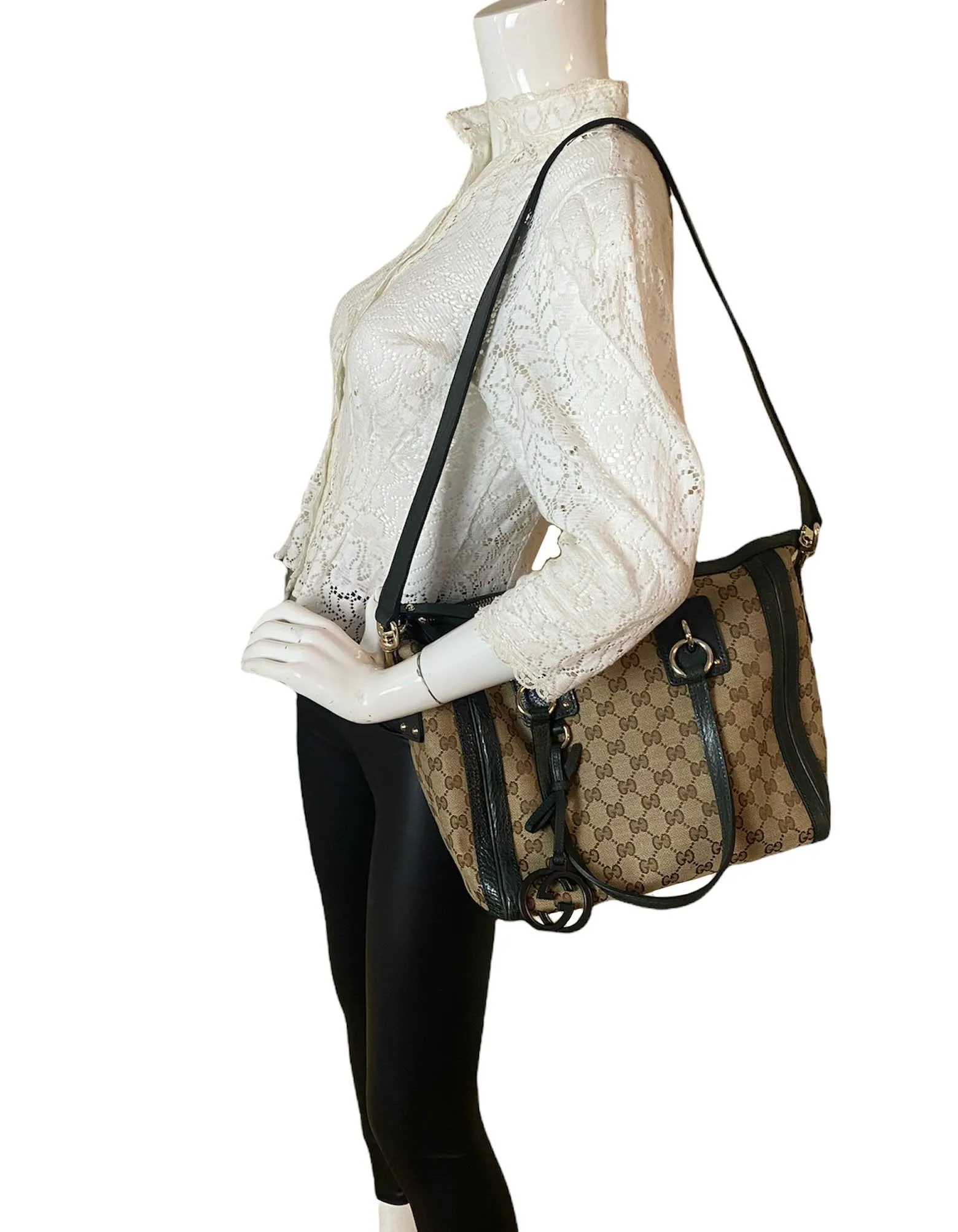 Gucci Monogram & Green Leather Medium Charm Tote Bag
