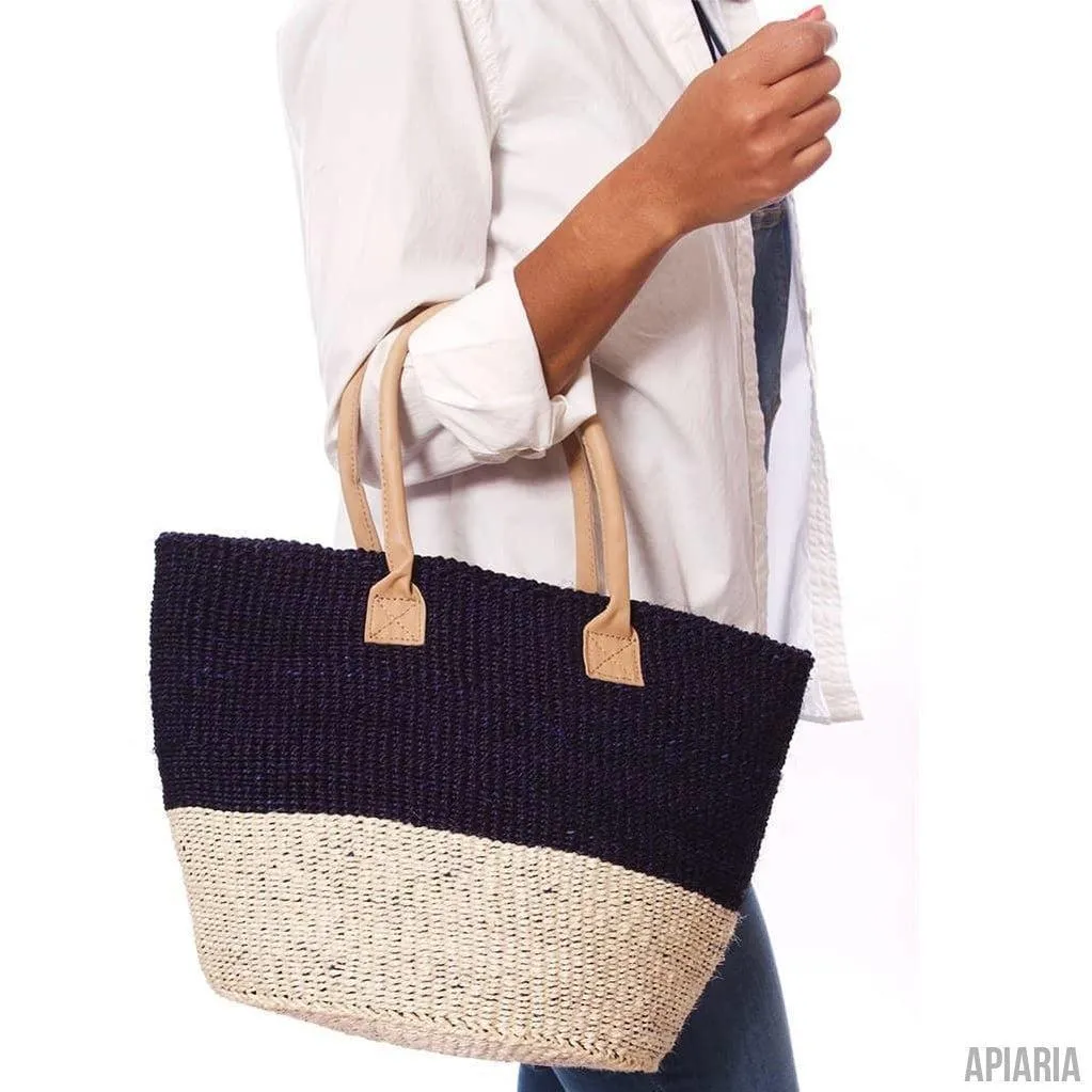 Handwoven Sisal Tote with Leather Handles (Dual Tone Navy/White)