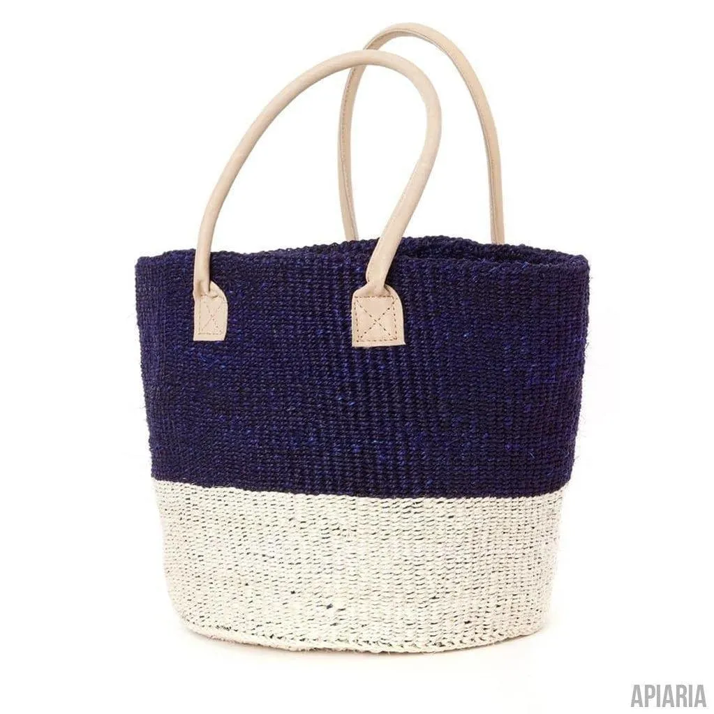 Handwoven Sisal Tote with Leather Handles (Dual Tone Navy/White)