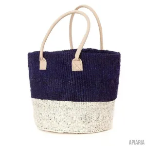 Handwoven Sisal Tote with Leather Handles (Dual Tone Navy/White)