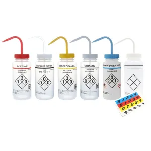Heathrow Scientific 120249 Wash Bottles Color-Coded, Wide Mouth, 500 mL, Clear/Blue