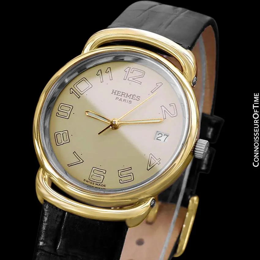 Hermes Pullman Unisex Mens Midsize Beige Dial Watch with Date - 18K Gold Plated & Stainless Steel