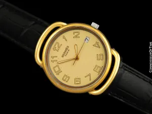 Hermes Pullman Unisex Mens Midsize Beige Dial Watch with Date - 18K Gold Plated & Stainless Steel