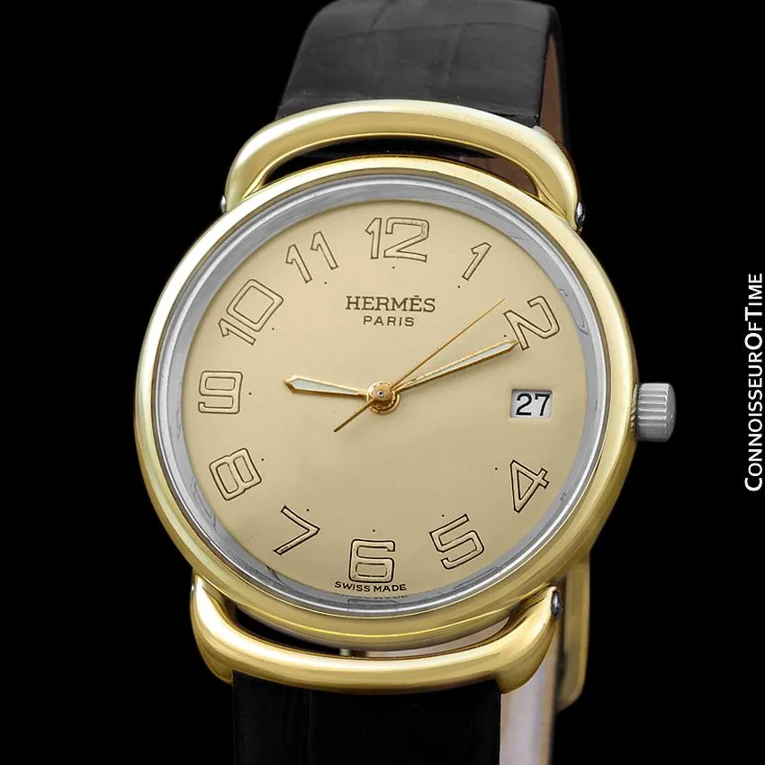 Hermes Pullman Unisex Mens Midsize Beige Dial Watch with Date - 18K Gold Plated & Stainless Steel