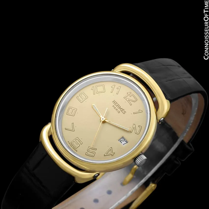 Hermes Pullman Unisex Mens Midsize Beige Dial Watch with Date - 18K Gold Plated & Stainless Steel