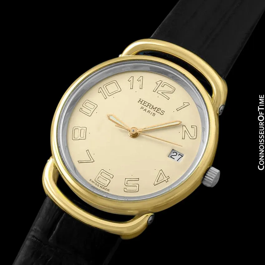 Hermes Pullman Unisex Mens Midsize Beige Dial Watch with Date - 18K Gold Plated & Stainless Steel