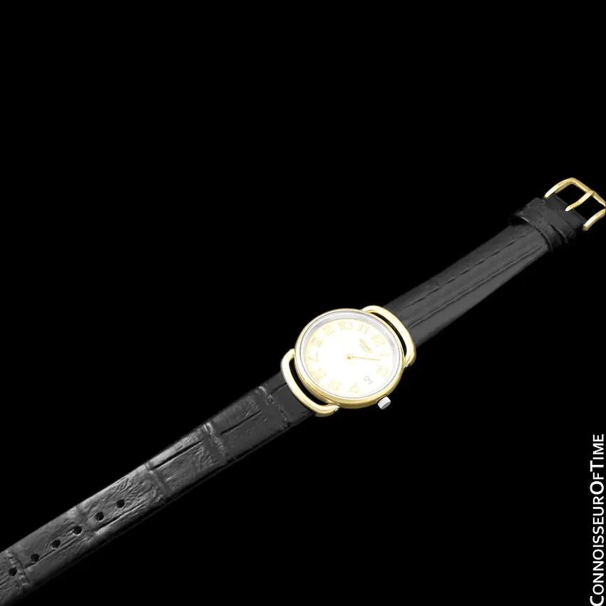 Hermes Pullman Unisex Mens Midsize Beige Dial Watch with Date - 18K Gold Plated & Stainless Steel
