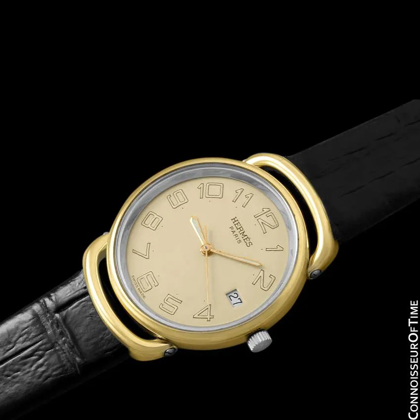 Hermes Pullman Unisex Mens Midsize Beige Dial Watch with Date - 18K Gold Plated & Stainless Steel