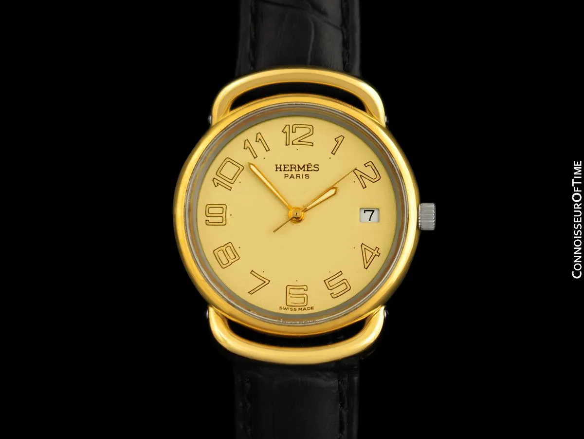 Hermes Pullman Unisex Mens Midsize Beige Dial Watch with Date - 18K Gold Plated & Stainless Steel