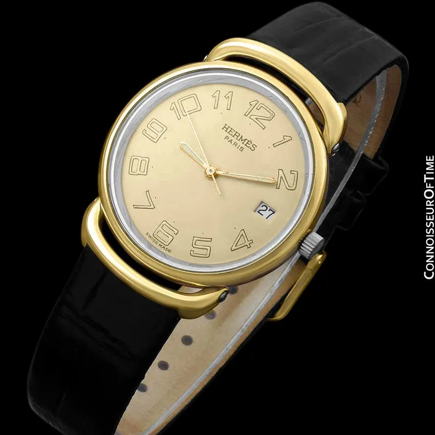 Hermes Pullman Unisex Mens Midsize Beige Dial Watch with Date - 18K Gold Plated & Stainless Steel
