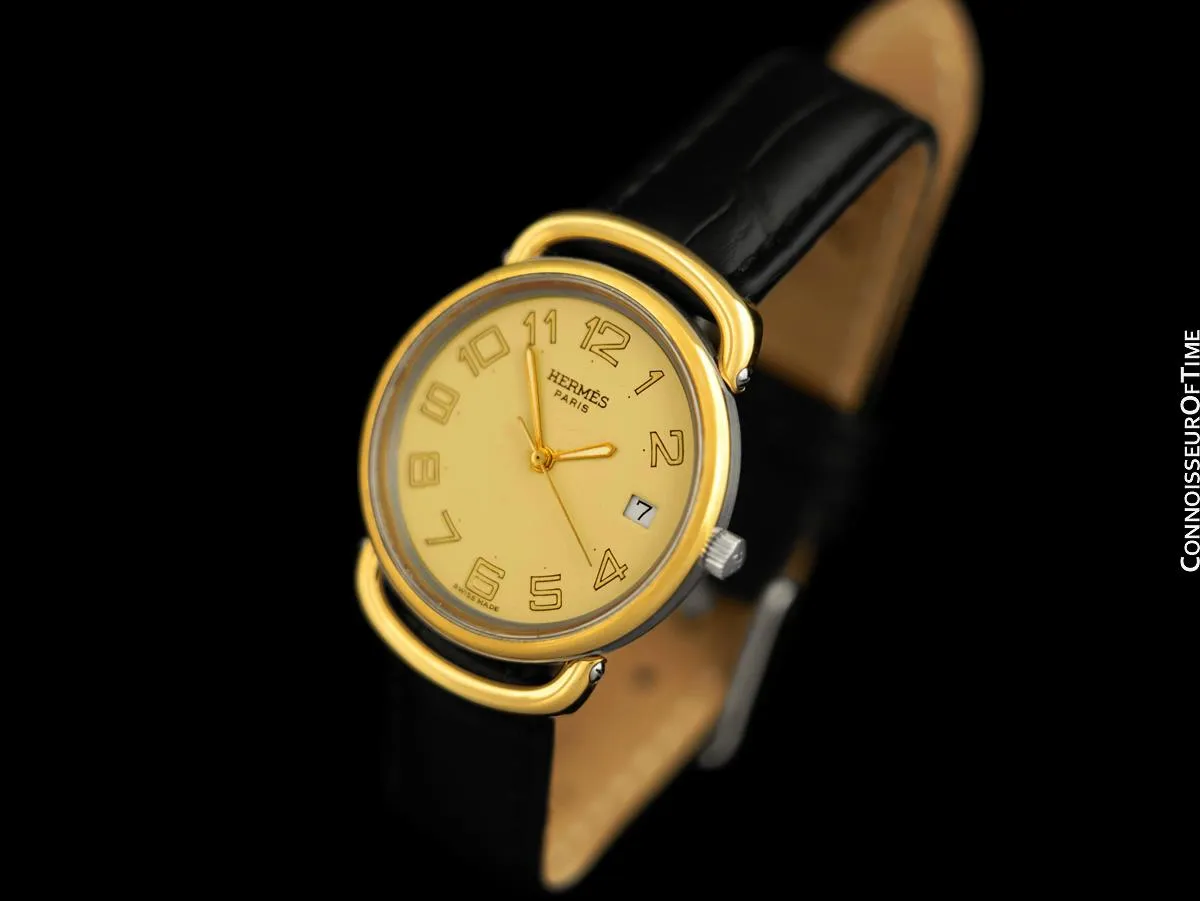 Hermes Pullman Unisex Mens Midsize Beige Dial Watch with Date - 18K Gold Plated & Stainless Steel
