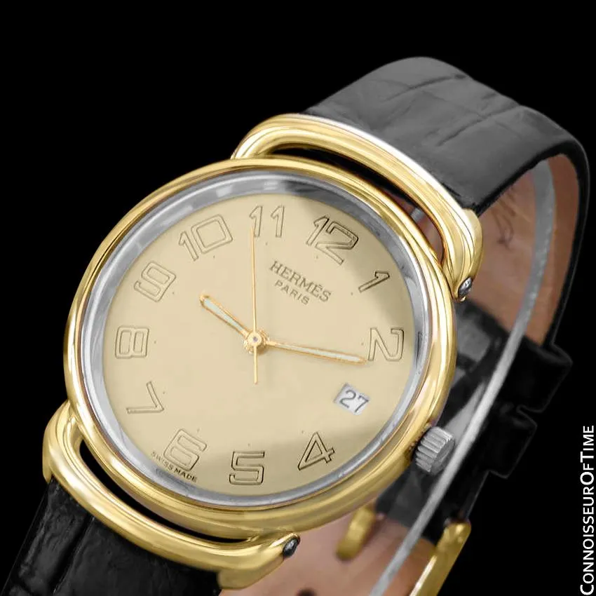 Hermes Pullman Unisex Mens Midsize Beige Dial Watch with Date - 18K Gold Plated & Stainless Steel