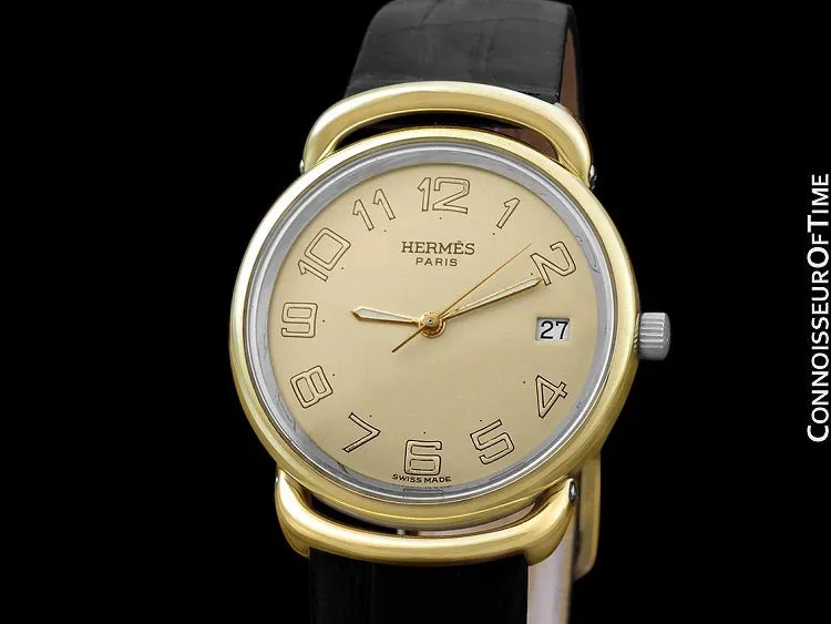 Hermes Pullman Unisex Mens Midsize Beige Dial Watch with Date - 18K Gold Plated & Stainless Steel