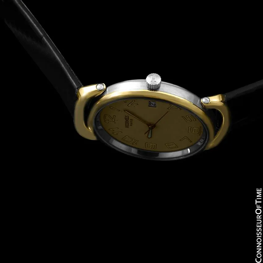 Hermes Pullman Unisex Mens Midsize Beige Dial Watch with Date - 18K Gold Plated & Stainless Steel