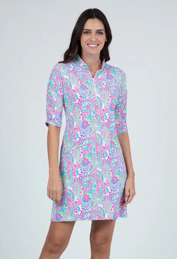 Ibkul Gloria Print Ruched Sleeved  Dress Hot Pink/Turquoise