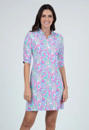Ibkul Gloria Print Ruched Sleeved  Dress Hot Pink/Turquoise