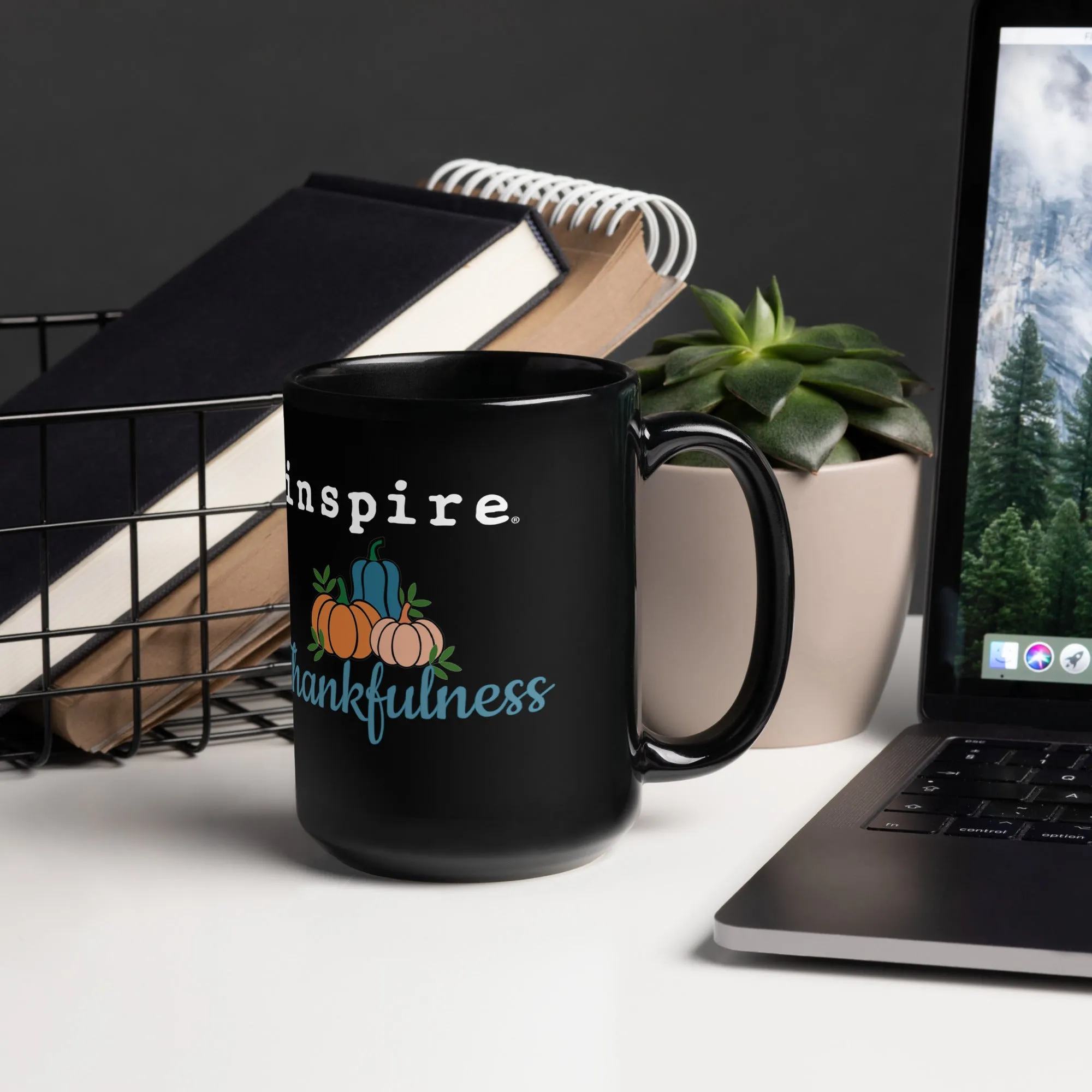 inspire Thankfulness Black Glossy Mug