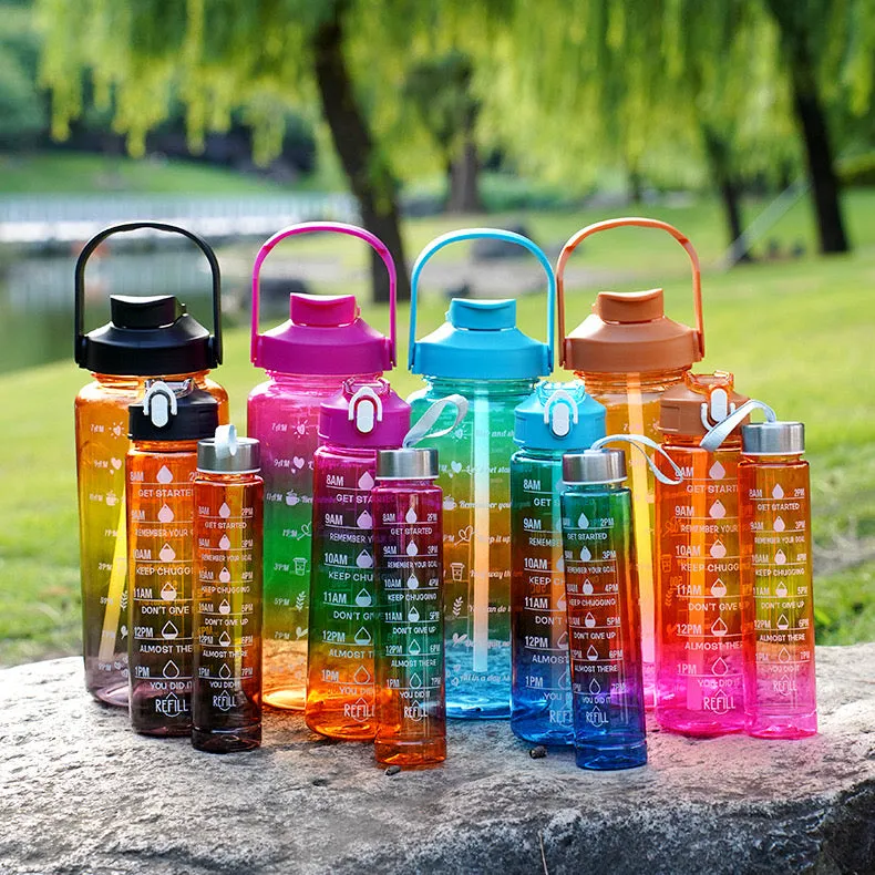 Jezreel Drinking Bottle Set of 3 (2L   900 ml   300 ML), Leak-Proof, BPA-Free, Plastic Water Bottle, Straw with Time Markings, Portable for Camping, Bike, School, Car (Rose Red) TZ-3 Pieces