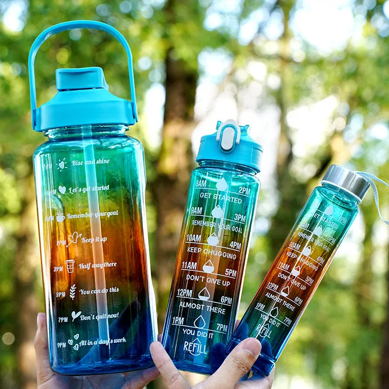 Jezreel Drinking Bottle Set of 3 (2L   900 ml   300 ML), Leak-Proof, BPA-Free, Plastic Water Bottle, Straw with Time Markings, Portable for Camping, Bike, School, Car (Rose Red) TZ-3 Pieces