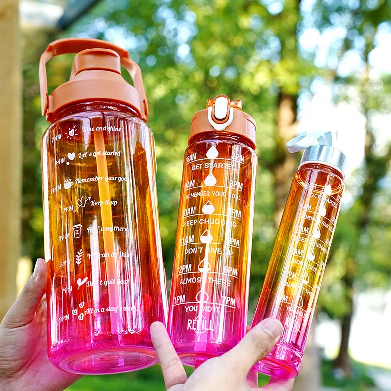 Jezreel Drinking Bottle Set of 3 (2L   900 ml   300 ML), Leak-Proof, BPA-Free, Plastic Water Bottle, Straw with Time Markings, Portable for Camping, Bike, School, Car (Rose Red) TZ-3 Pieces