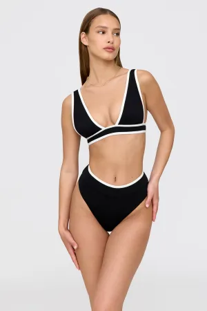 KOS CONTRAST TRIM HIGH WAISTED CHEEKY BIKINI BRIEF - SHADOW BLACK AND COCONUT MILK
