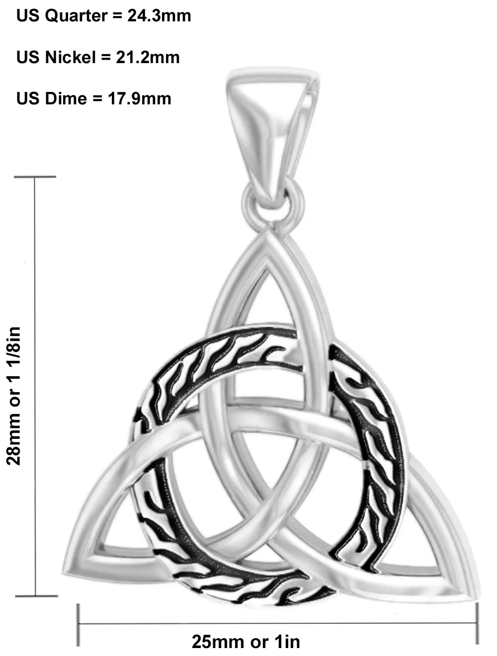 Ladies 1 1/8in 925 Sterling Silver Irish Celtic Triquetra Knot Pendant Necklace