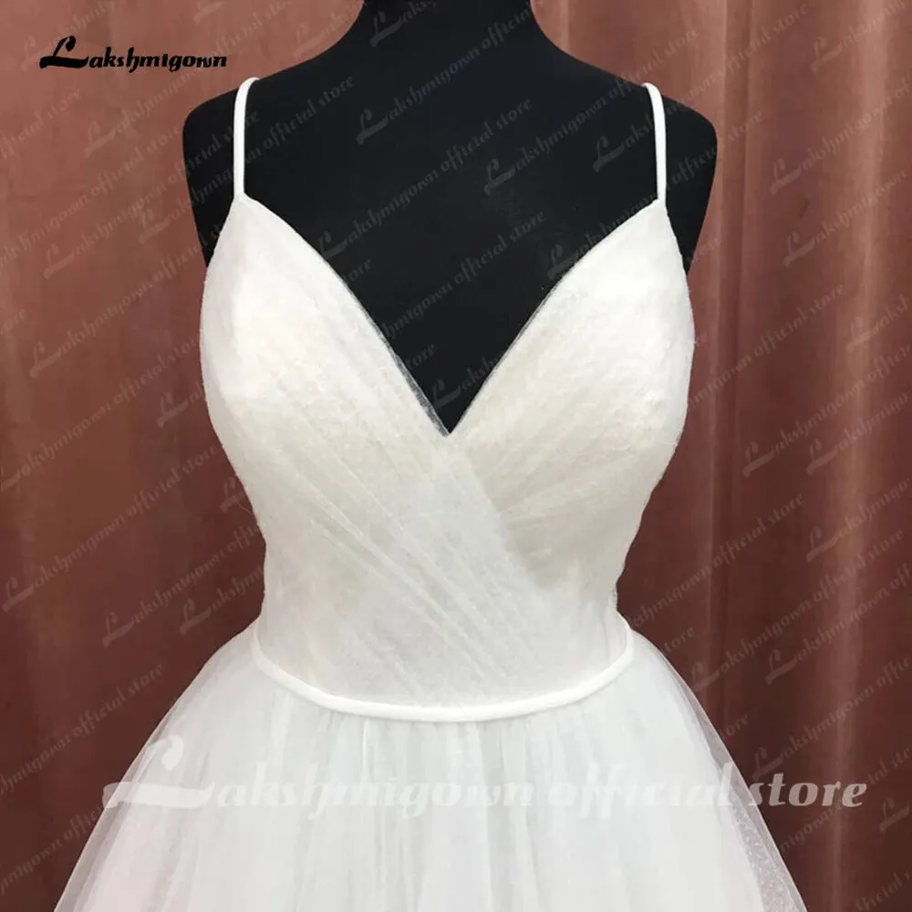 Lakshmigown Spaghetti Straps Tulle Wedding Dress V Neck Pleat Off White  2024 Bridal Gowns Countryside vestido de noiva