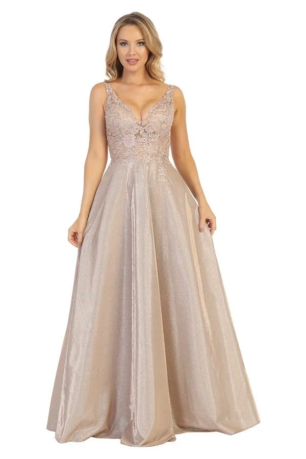 LF 7659 -Metallic A-Line Prom Gown with Beaded Lace Embroidered Bodice & Open Back