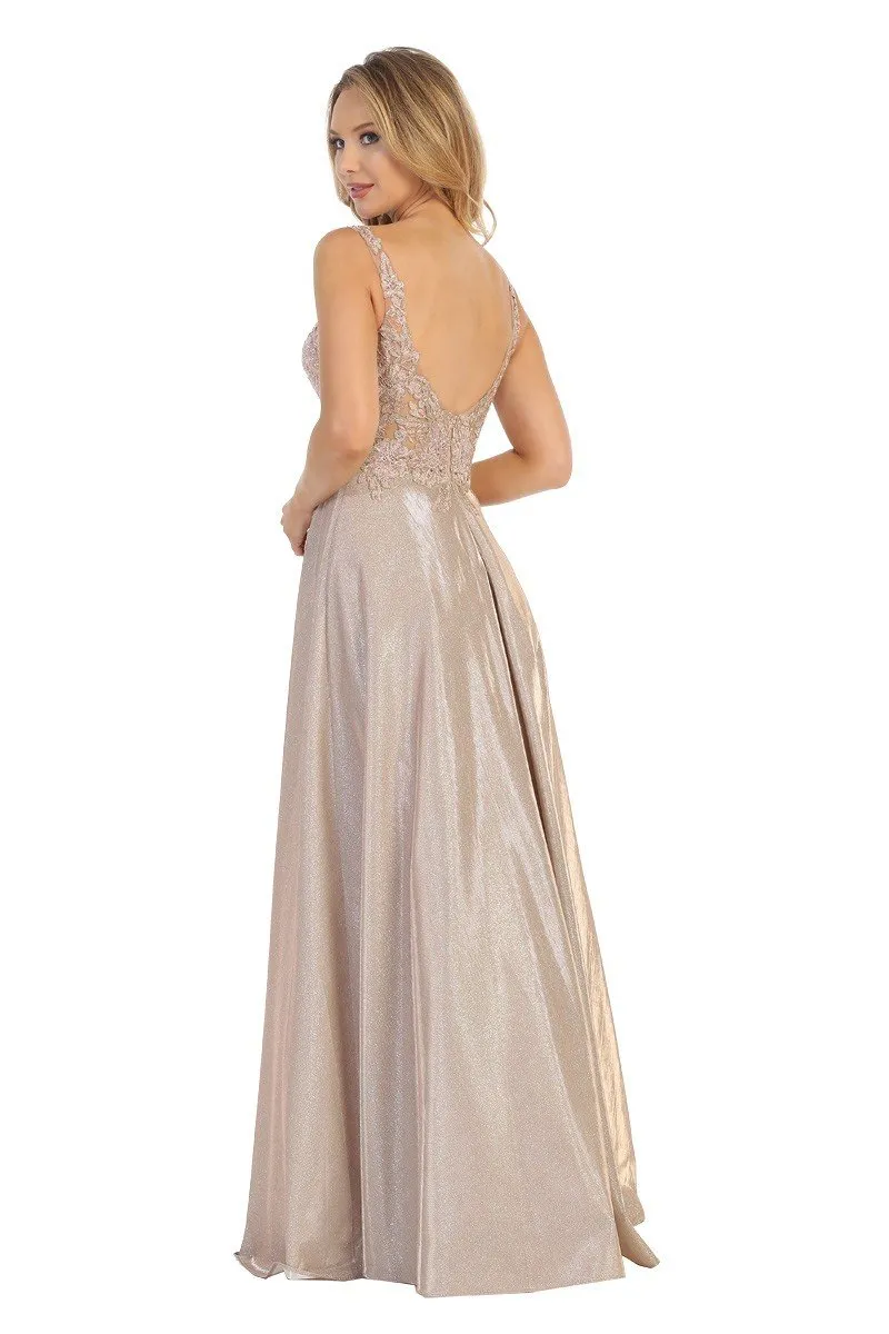 LF 7659 -Metallic A-Line Prom Gown with Beaded Lace Embroidered Bodice & Open Back