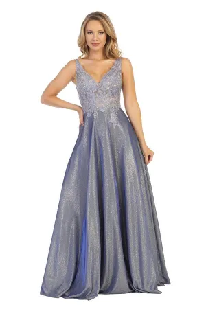 LF 7659 -Metallic A-Line Prom Gown with Beaded Lace Embroidered Bodice & Open Back