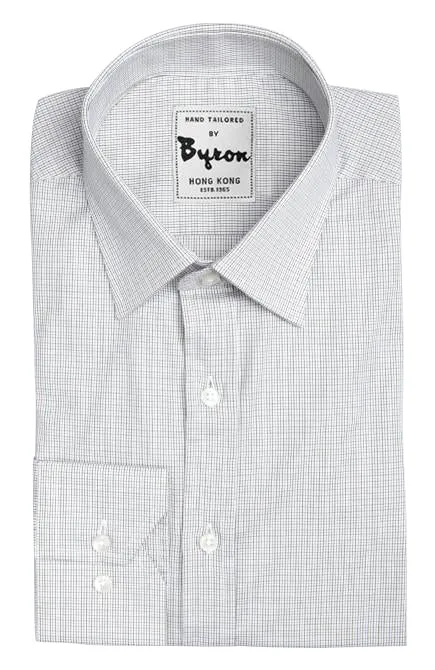 Light Grey Micro Herringbone Check Shirt, Medium Point Collar, Angled Cuff