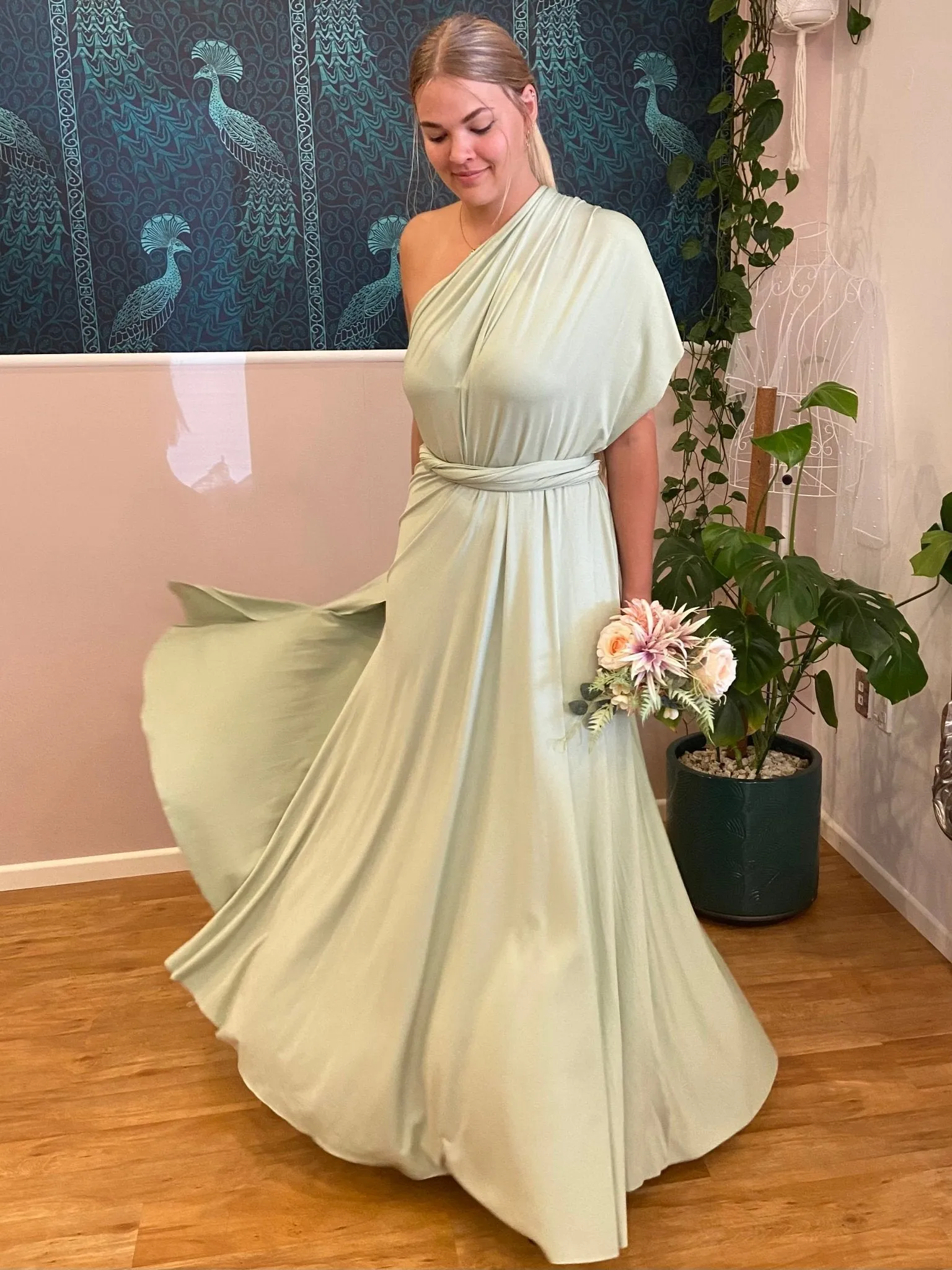 Light Olive convertible Infinity dress with split Express NZ wide
