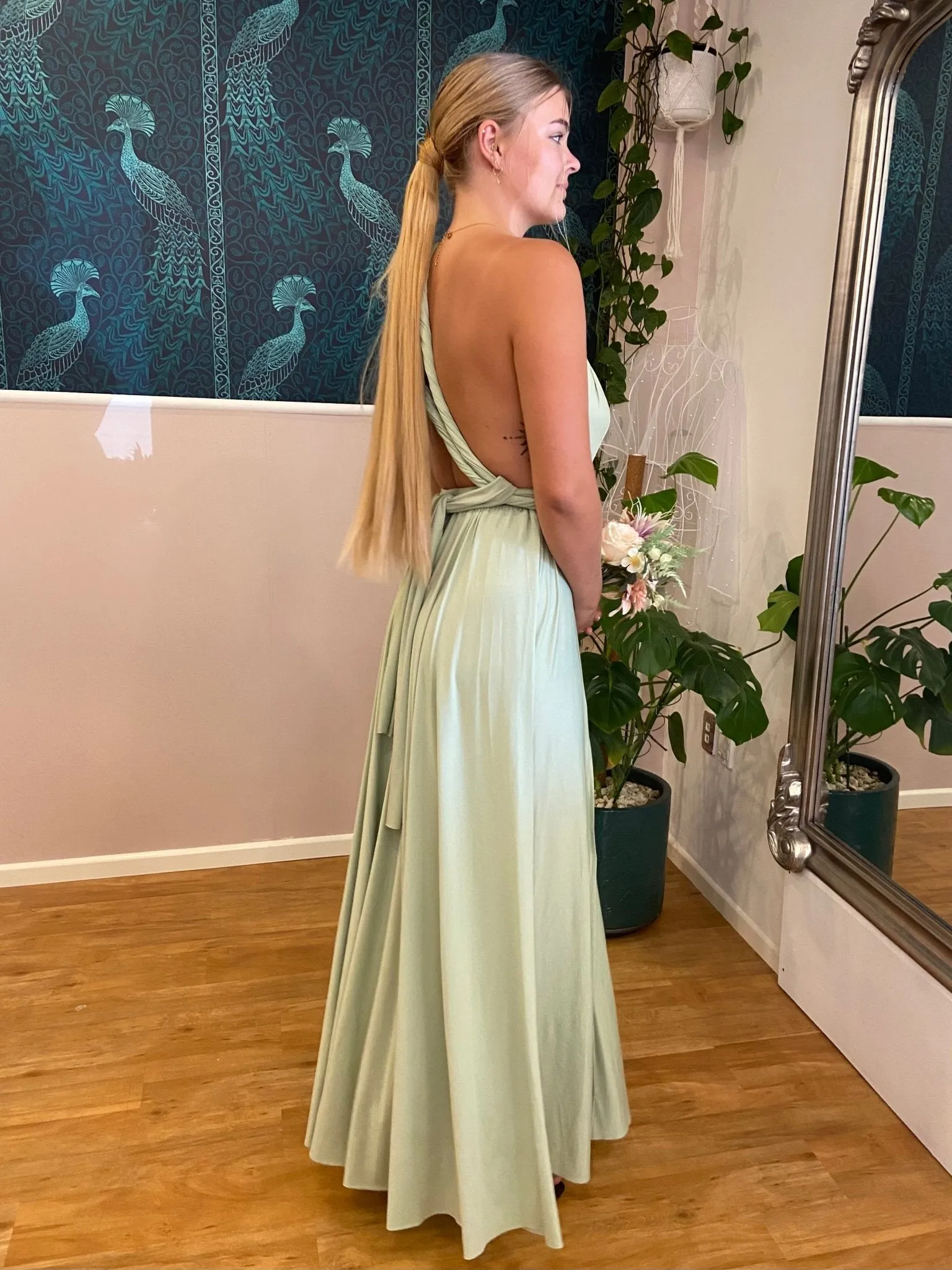 Light Olive convertible Infinity dress with split Express NZ wide