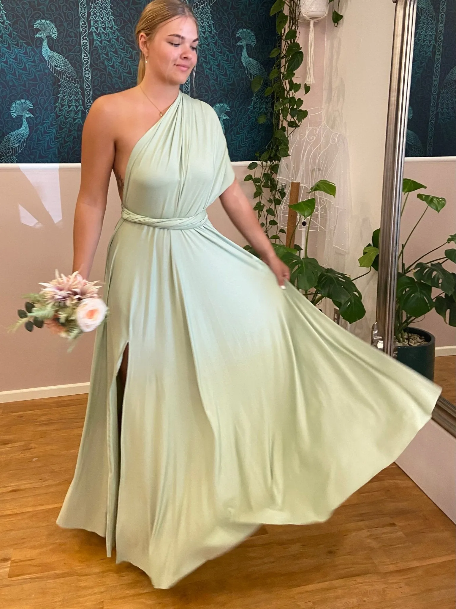 Light Olive convertible Infinity dress with split Express NZ wide