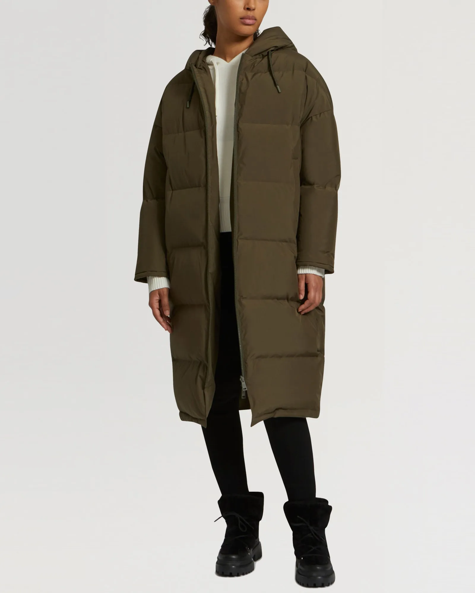 Long reversible hooded down jacket in waterproof technical fabric