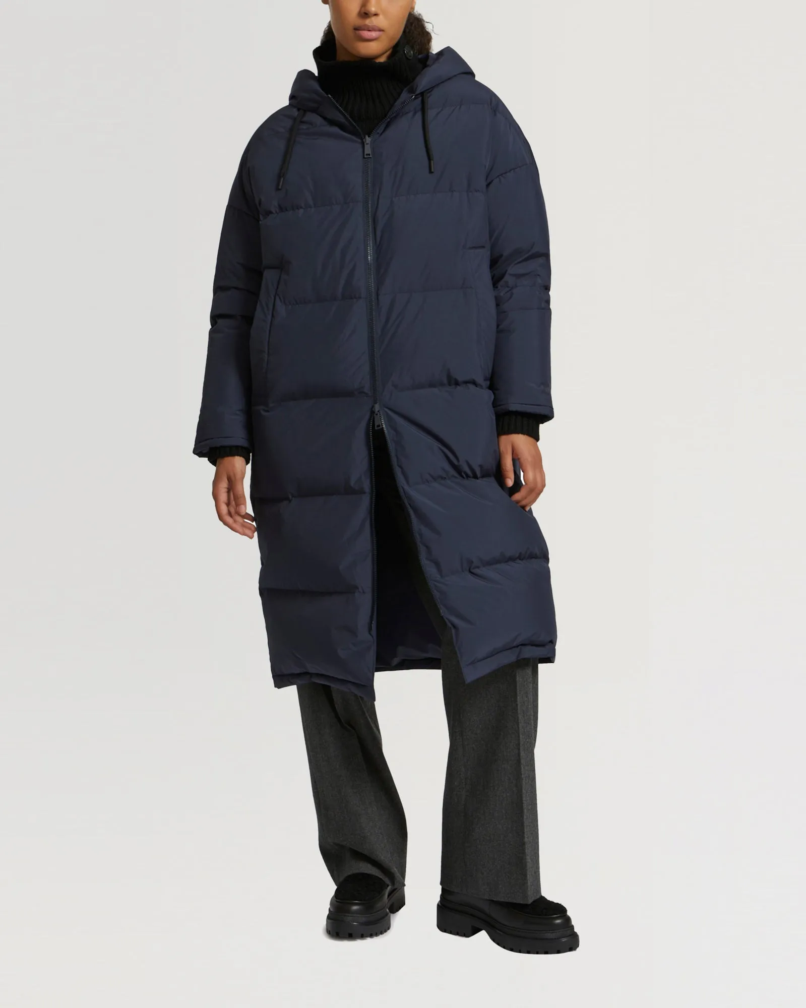 Long reversible hooded down jacket in waterproof technical fabric